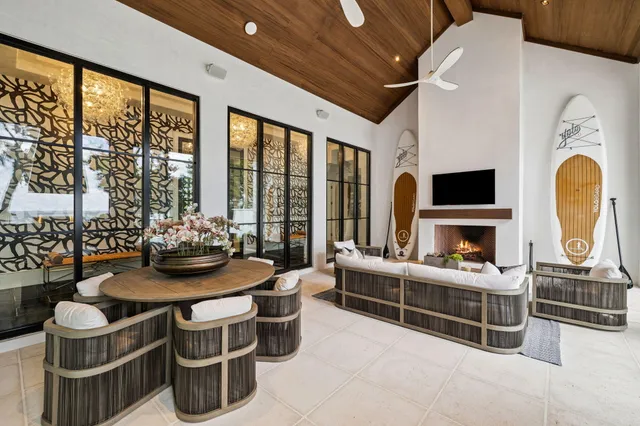 a room with furniture a flat screen tv and a fireplace