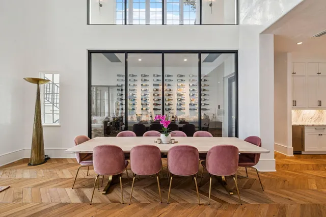 a view of a dining room with furniture window and outside view