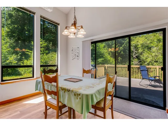 a view of a dining room with furniture large windows and wooden floor