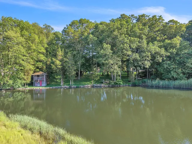 a view of a lake with houses in the back