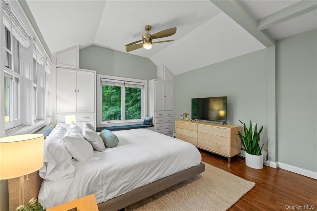 28 Inningwood Road Ossining, NY 10562 - Photo 26 of 37 Bedroom with dark wood-type flooring, ceiling fan, and vaulted ceiling