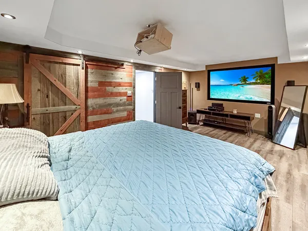 a bedroom with a bed and a flat screen tv