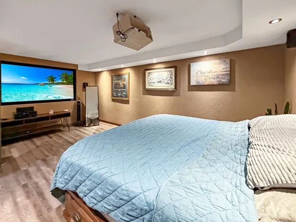 a bedroom with a bed and a flat screen tv