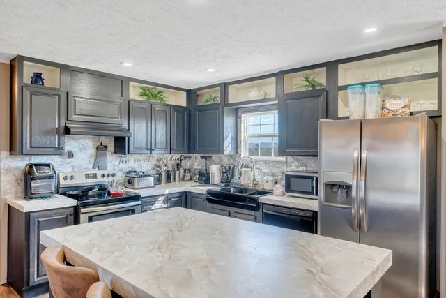 a kitchen with a refrigerator a sink and cabinets