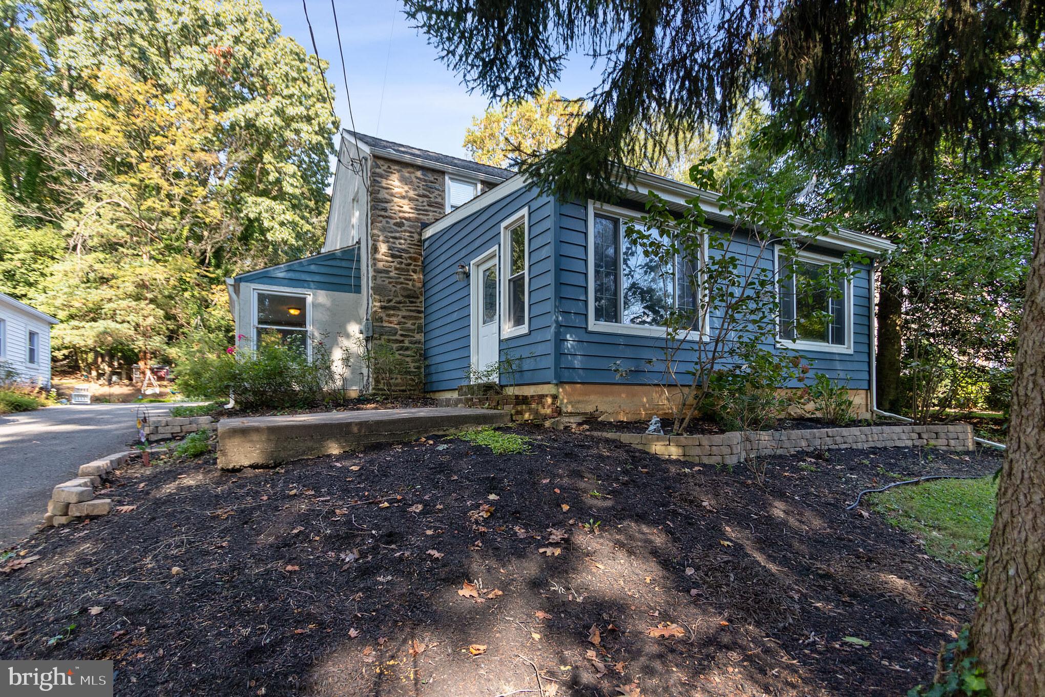 a backyard of a house with plants and large tree