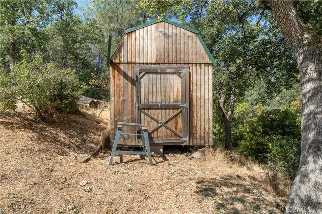 a view of backyard with small cabin