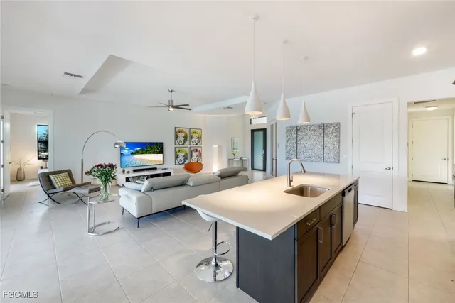 a living room with furniture and a table