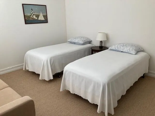 a bedroom with two beds and painting on the wall