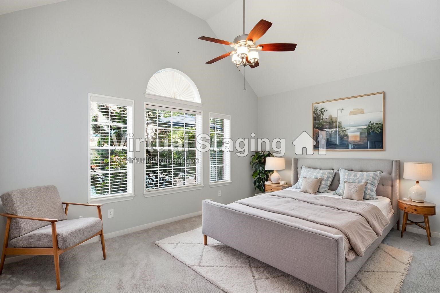323 Magic Oaks Court Spring, TX 77388 - Photo 20 of 49 Virtually staged primary bedroom. Note the high vaulted ceiling and wall of windows overlooking the backyard.