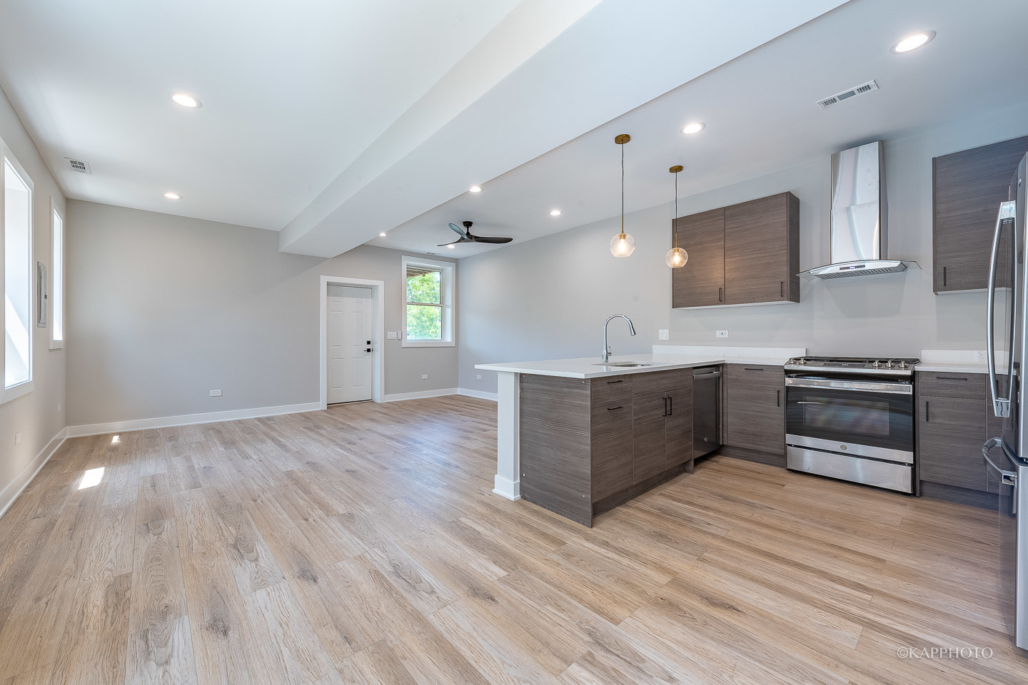 4152 South Prairie Avenue, Unit 1 Chicago, IL 60653 - Photo 8 of 27 a large kitchen with stainless steel appliances a large counter top a stove and a wooden floors