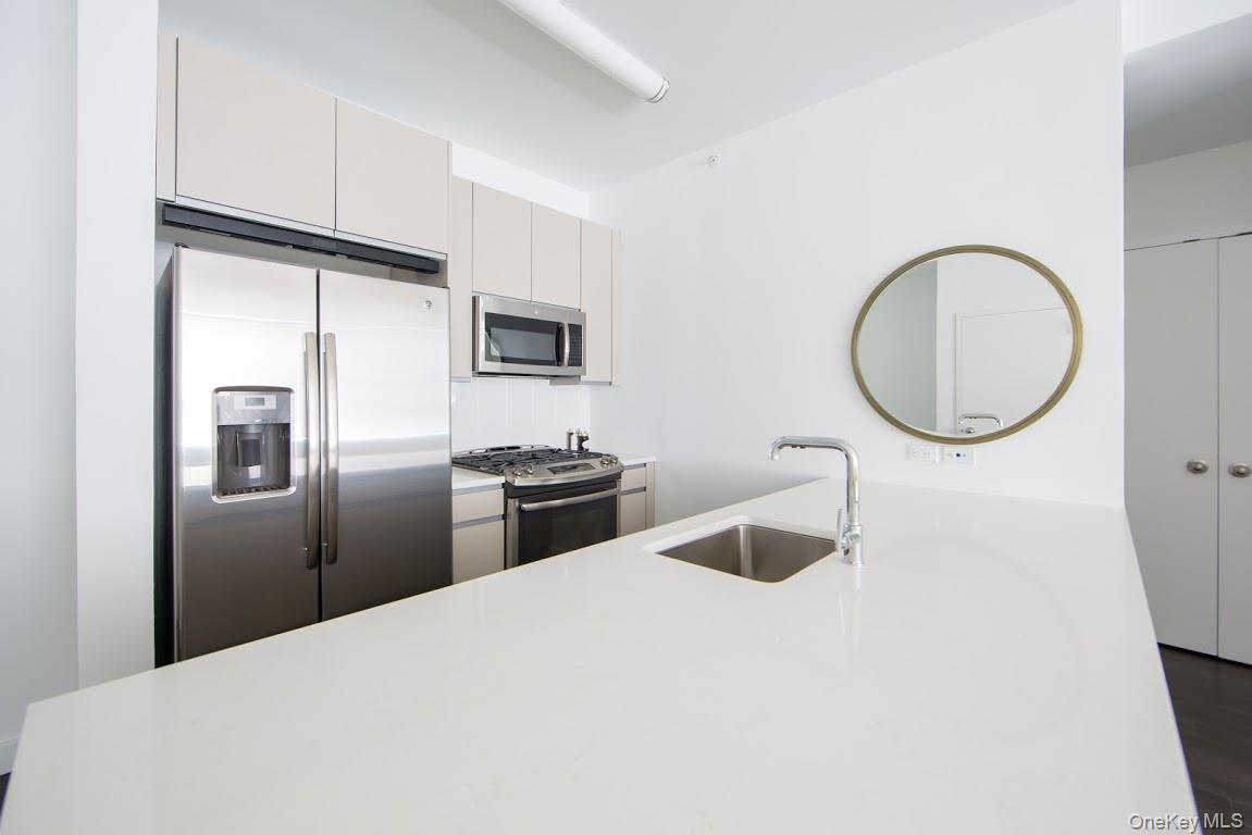 1 3rd, Unit 825 Mineola, NY 11501 - Photo 16 of 25 a kitchen with stainless steel appliances granite countertop a refrigerator sink and stove