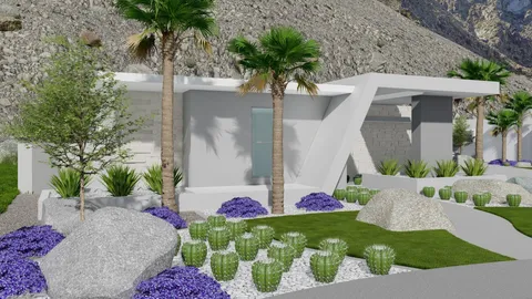 a view of a white house with a yard and potted plants