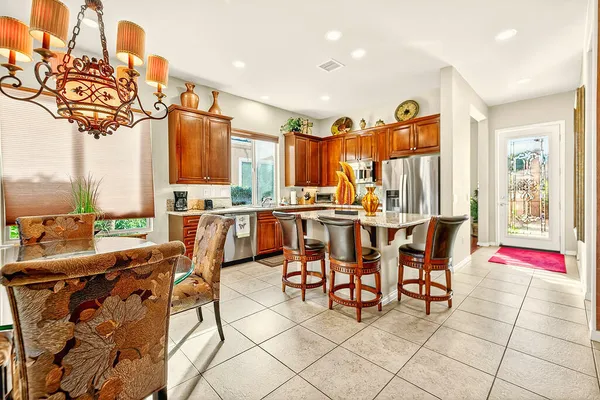 a view of a dining room with furniture