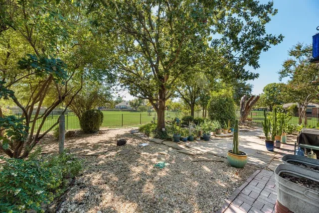 a garden view with a seating space