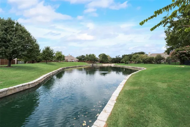 a view of a park with large trees