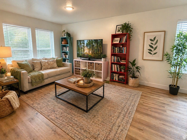 3831 South Powderwood Lane, Unit 111 Mapleton, UT 84664 - Photo 2 of 12 Bright living space featuring light wood-finish flooring, white baseboards, and two prominent windows with horizontal blinds