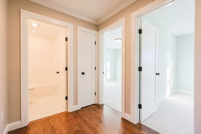 a view of a bathroom with wooden floor