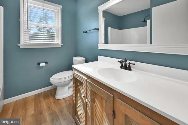 a bathroom with a sink a toilet and mirror
