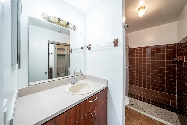 a bathroom with a sink a vanity and shower