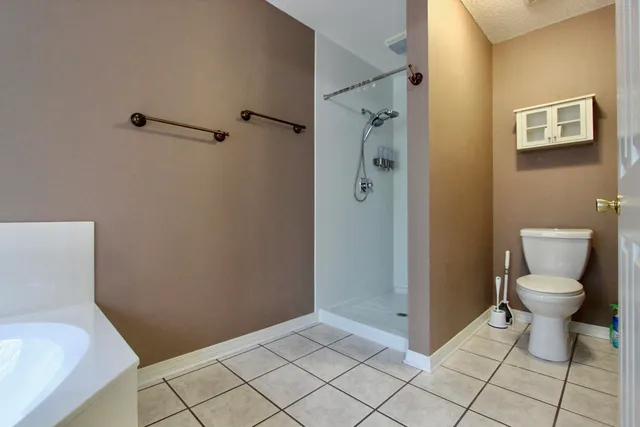 a bathroom with a toilet and a shower