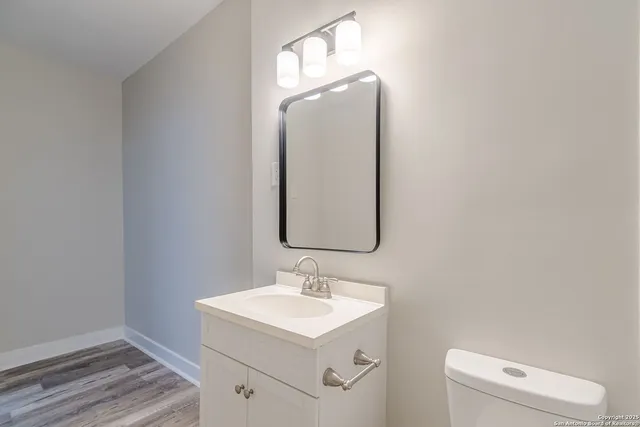 a bathroom with a sink vanity and a toilet