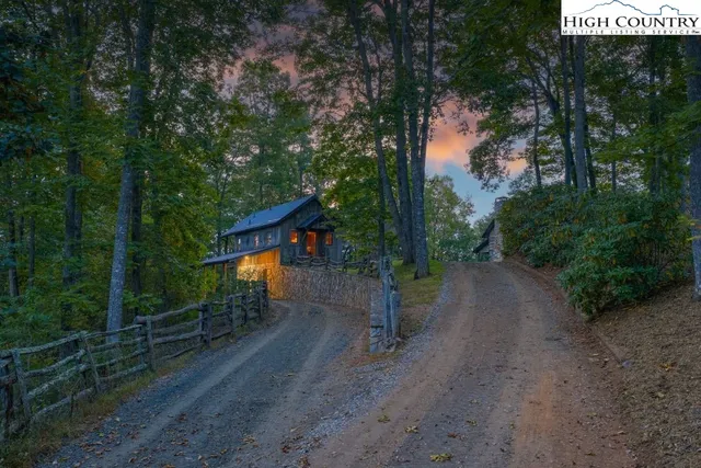a view of a street with potted plants and large trees