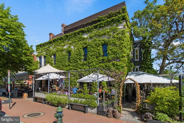 a view of a patio with chairs and a table and chairs under an umbrella