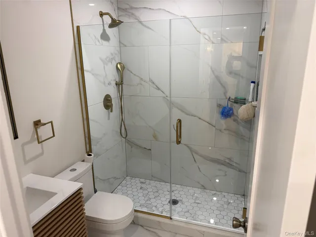 a bathroom with a toilet and a shower