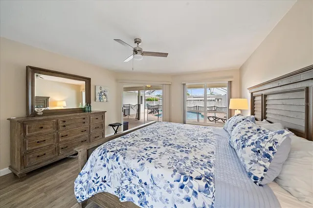 a bedroom with a large bed and a tv on dresser