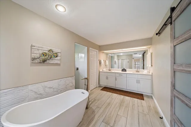 a bathroom with a bathtub and a sink