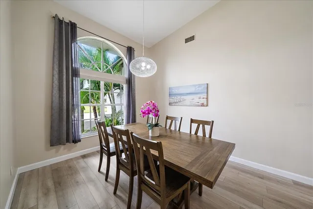 a view of a dining room with furniture window and outside view