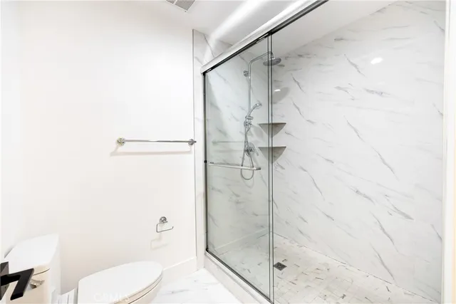 a bathroom with a shower and toilet