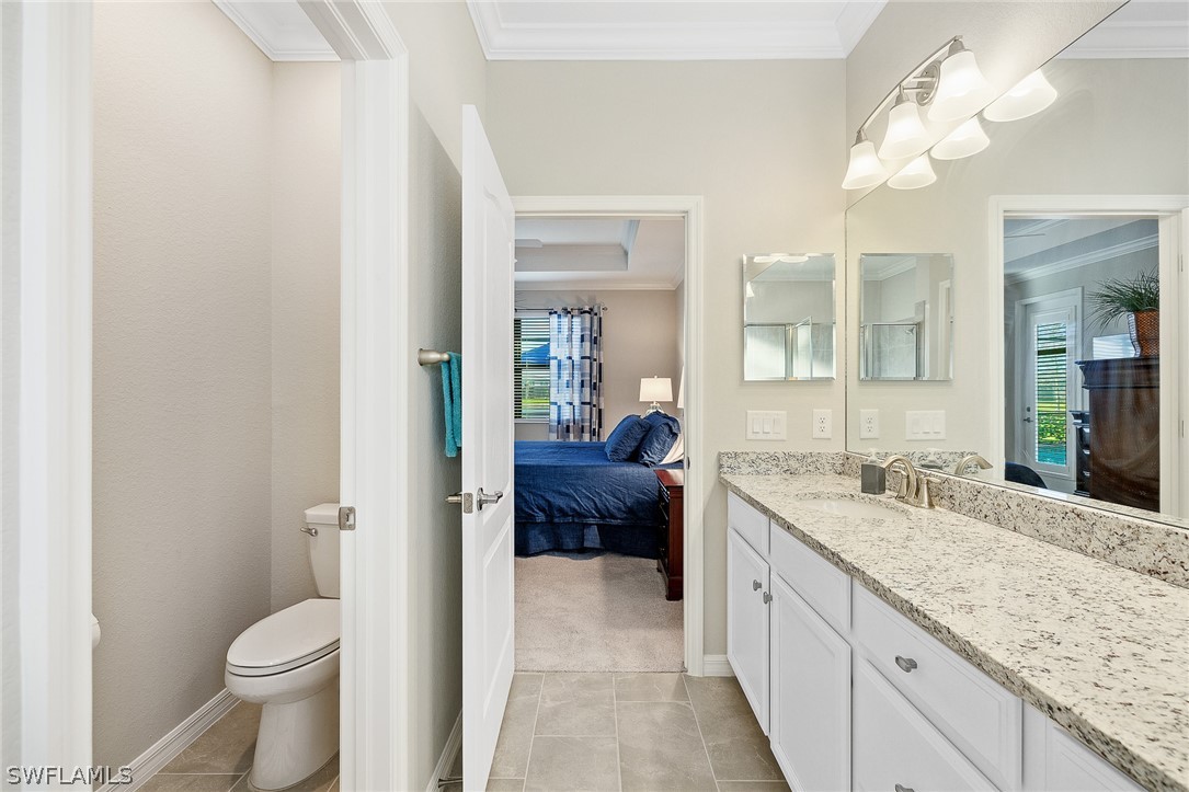19729 Beechcrest Place Estero, FL 33928 - Photo 20 of 45 a bathroom with a granite countertop sink a toilet and a mirror