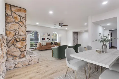 a view of a dining room with furniture