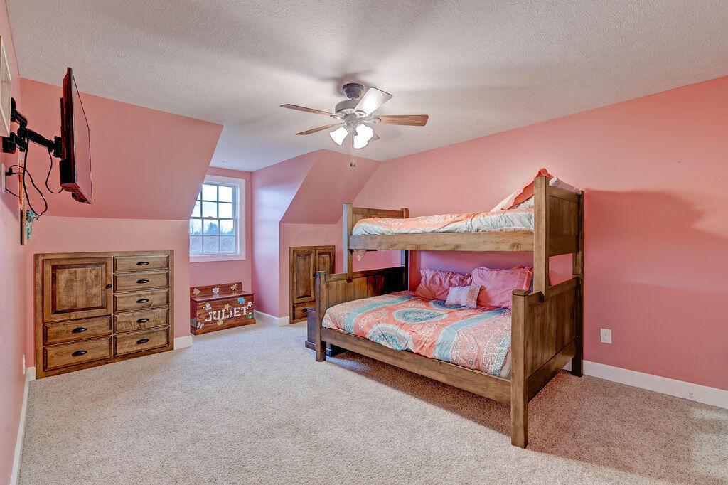4045 Russell Road Mount Gilead, OH 43338 - Photo 30 of 74 • Gray carpet • Pink painted walls • Walk-in closet • Lighted ceiling fan • Custom built-in drawers