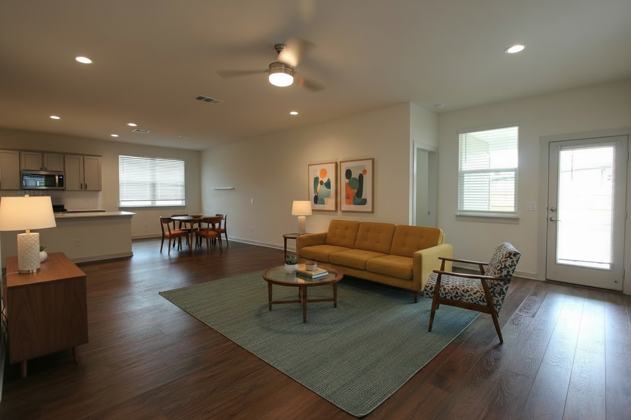 100 Century Plant Road Leander, TX 78641 - Photo 12 of 36 An open-concept living space with dark hardwood flooring and a ceiling fan, connecting to the kitchen and dining area.