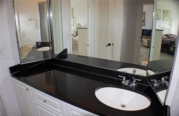 a bathroom with a sink and a mirror