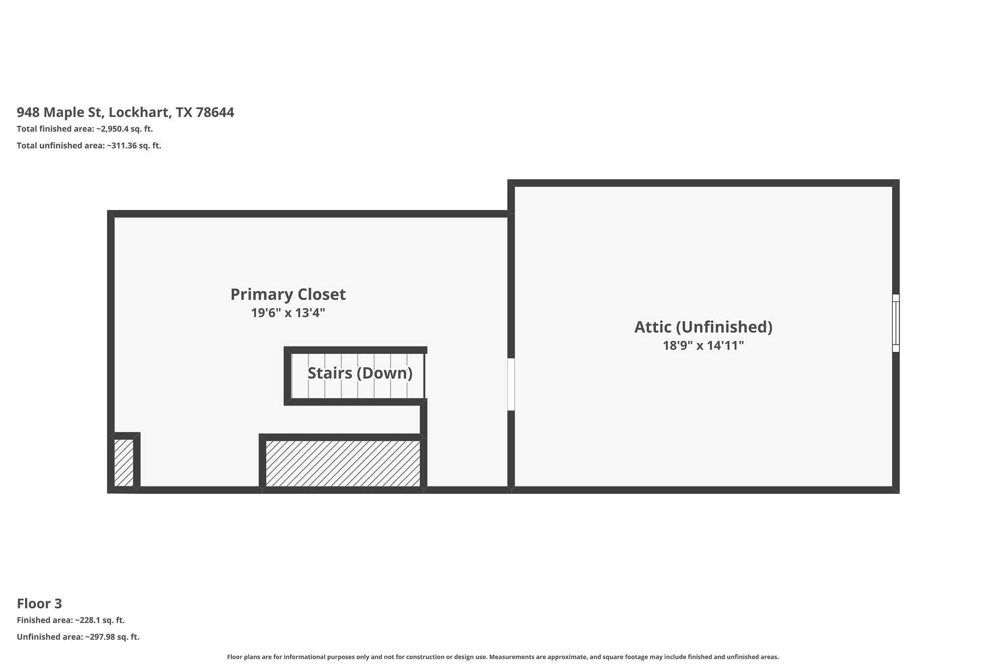948 Maple Street Lockhart, TX 78644 - Photo 39 of 40 Floor plan displaying the primary closet, stairs, and an unfinished attic space on the third level.