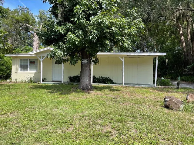 a backyard of a house with plants and tree
