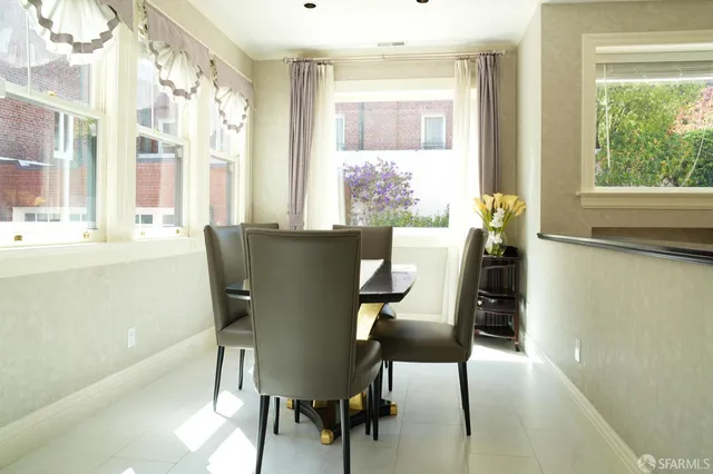 a view of a dining room with furniture and a window
