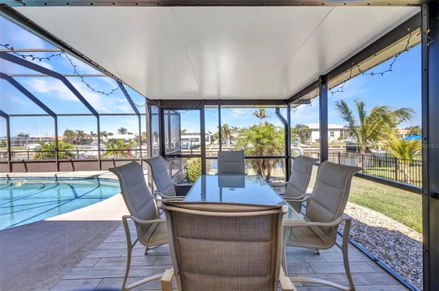 a view of a swimming pool with a patio