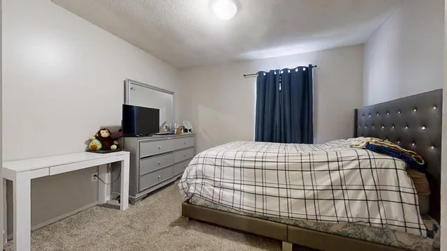 a bedroom with a bed and a television
