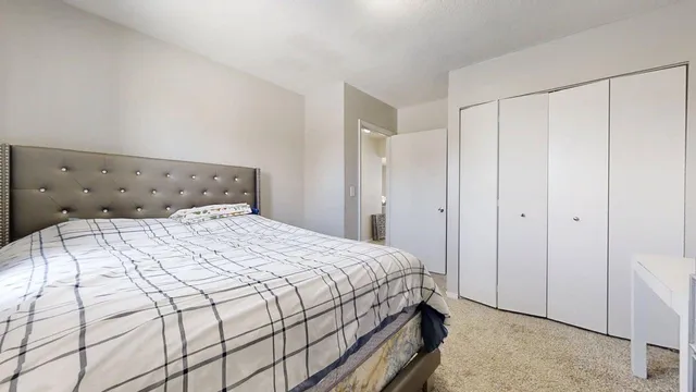 a bedroom with a bed and a shower