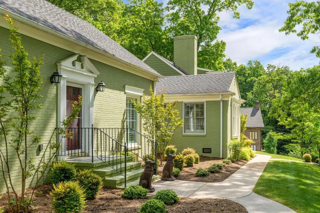a view of a park with plants and trees