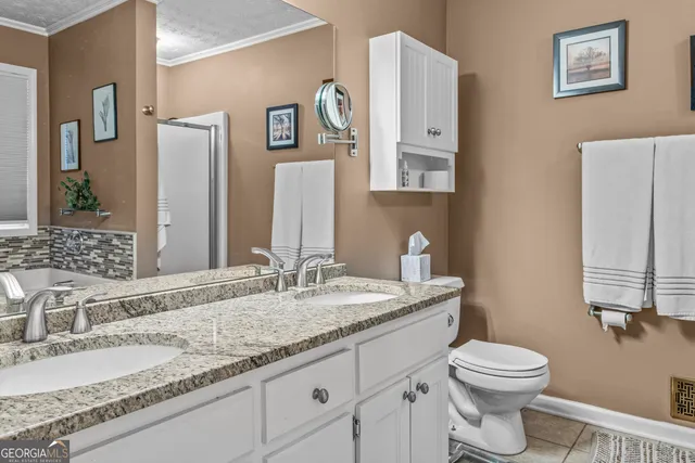 a bathroom with a granite countertop toilet sink and mirror