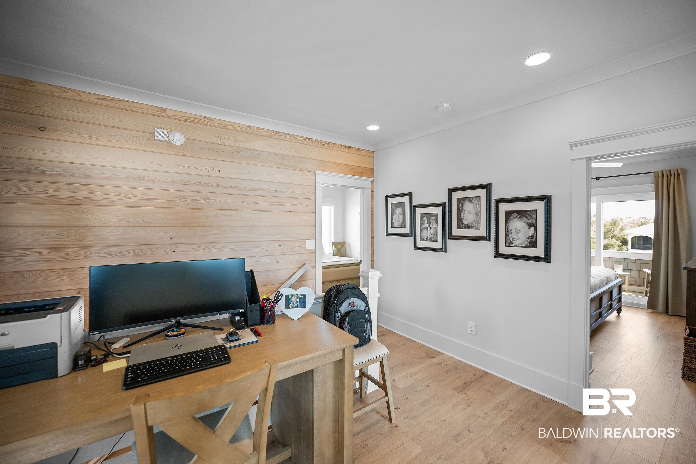 33186 Marlin Key Drive Orange Beach, AL 36561 - Photo 66 of 87 Home office featuring wood walls, light wood-type flooring, recessed lighting, and ornamental molding