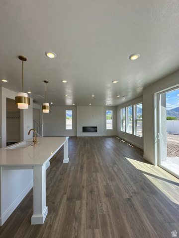 1225 West 500 South Logan, UT 84321 - Photo 14 of 39 Open-concept living space with wood-finish flooring, a contemporary fireplace, recessed lighting, and large windows