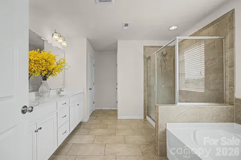 a bathroom with a tub sink and mirror