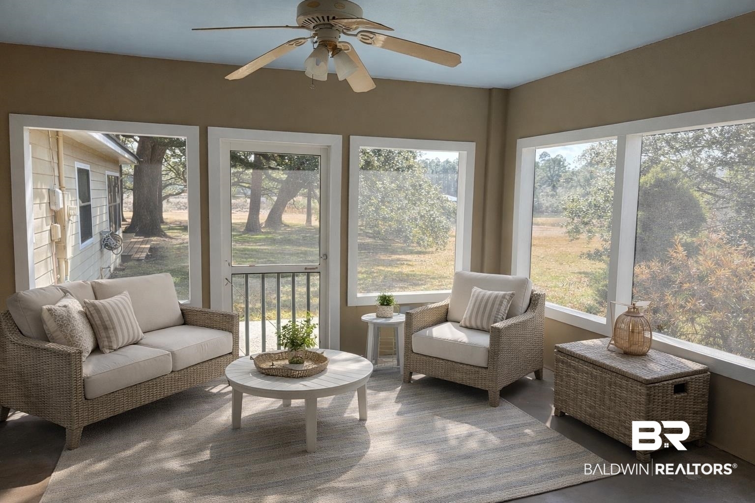 15025 Bellingrath Road Coden, AL 36523 - Photo 30 of 79 Sunroom / solarium featuring ceiling fan and an outdoor hangout area