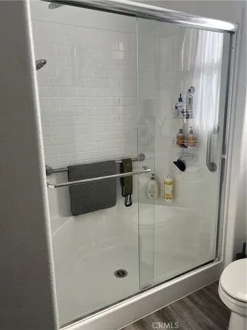 a bathroom with a shower and toilet